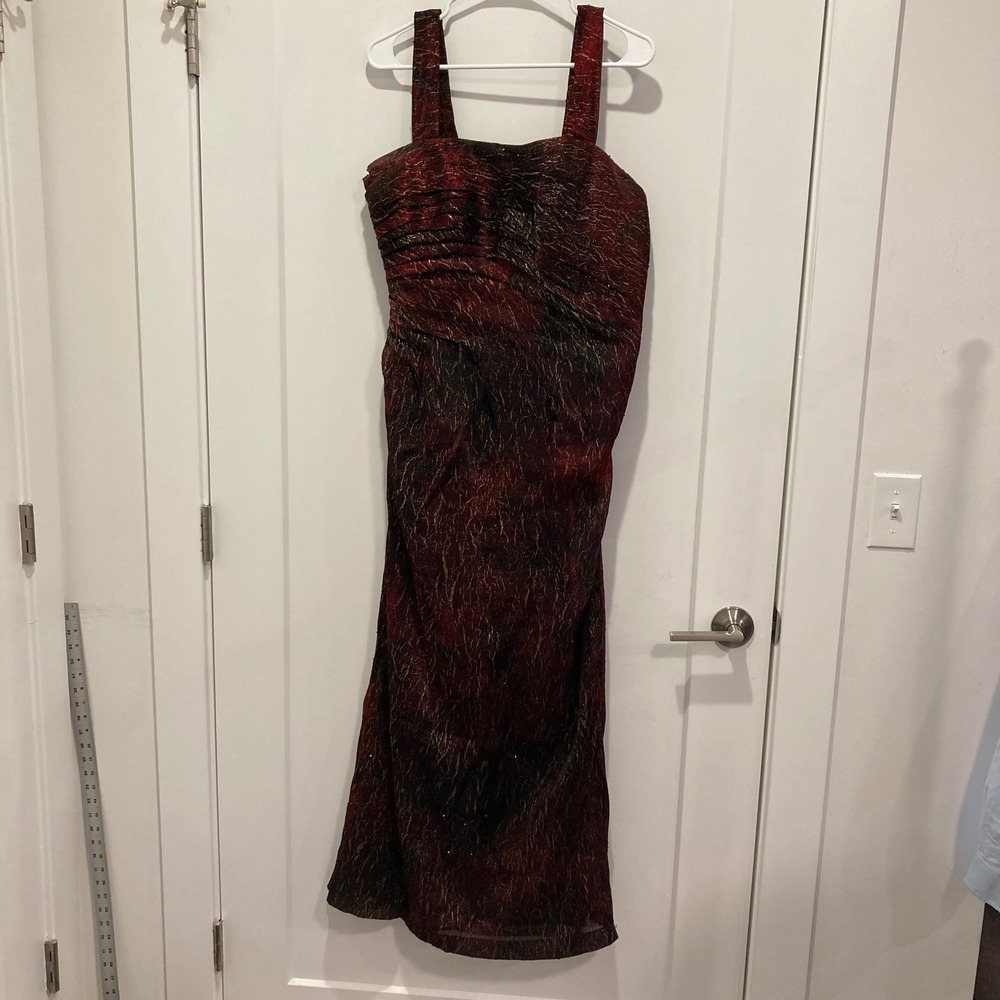 Carmen Marc Valvo Collection Metallic Ruched Evening Gown Dress Burgundy Gold 12
